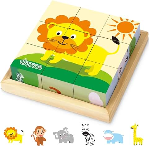 Japace Puzzles de Cubos de Madera, 6 en 1 de Animales 3D Rompecabezas de Madera Juguete Educativo Montessori Regalos de Cumpleaños de Navidad para Bebés Niños de 1 2 3 4 + Años  