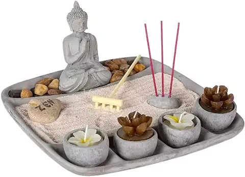 Jardín Zen con Buda de Cemento con 4 Velas, Decoración Zen, 23x23x12cm  