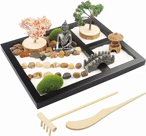 Jardín Zen Japonés para Escritorio – Escritorio Mini Jardín Zen con Arena Blanca Artificial Bonsai árbol Rocas Rastrillos y Accesorios – Meditación Zen Regalos Arena Jardín Kit para Decoración  