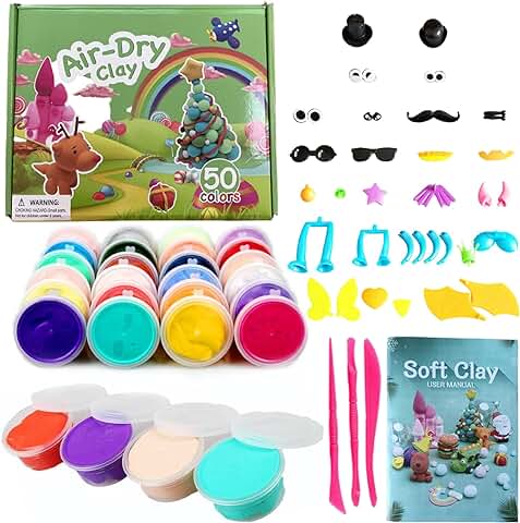 JBSON Kit de Arcilla de Modelado,50 Colores de Arcilla Mágica Seca al Aire,Arcilla de Moldeo con Herramientas,Manualidades Para Niños,El Mejor Regalo Para Niños y Niñas  