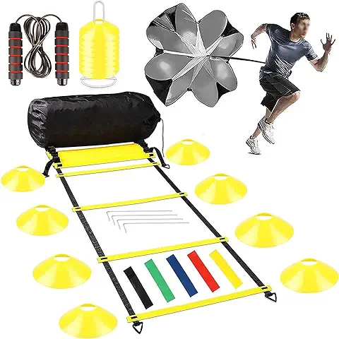 Jewaytec Set de Entrenamiento de Fútbol Agility Speed Ladder, Escalera de Coordinación 8m, 16 Conos Accesorios de Paracaidas Entrenamiento Futbol, Kit de Entrenamiento Futbol Niños y Adultos  