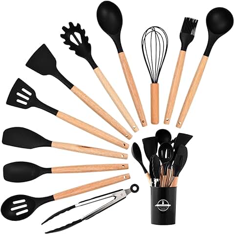 Jinlaili 12 Piezas Negro Utensilios Cocina de Silicona con Mango de Madera, Juego de Utensilios de Cocina Resistentes al Calor y Antiadherentes, Utensilios de Cocina Espátula Cuchara Cucharón  