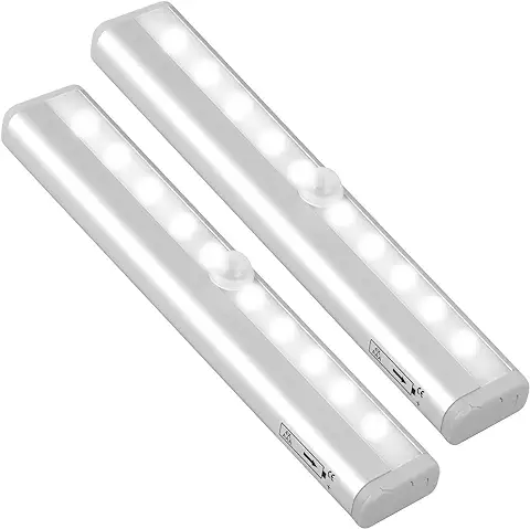 Jinlaili 2 Piezas Luz Armario, 10 LED Luz Nocturna con Sensor de Movimiento, Funciona con Pilas, Lámpara Nocturna con Tira Magnética Adhesiva, Luces de Noche para Pasillo, Escalerav, Cocina, Garaje  