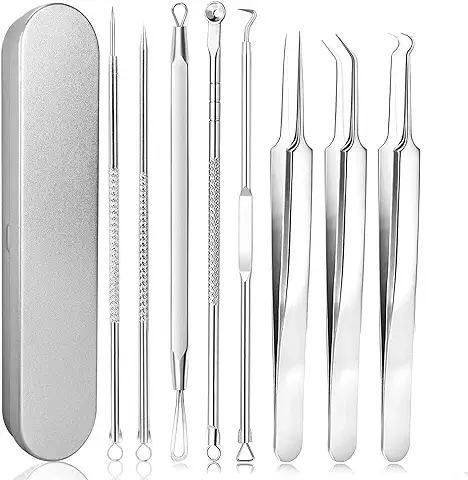 JINYJIA Extractor de Puntos Negros Kit de 8 Piezas, Herramientas para Eliminar Espinillas, Acero Inoxidable Espinilla Pin Spot Aguja Pinzas Juego Acné Eliminación Puntos Negros Para La Piel Facial  