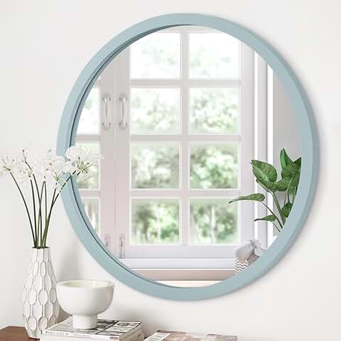 JJUUYOU Espejo de Pared Circular de 50 cm para Decoración del Hogar, Espejo Redondo azul para Baño, Espejo de Marco de Madera Montado en la Pared para sala de Estar, Dormitorio, Baño, Dormitorio  