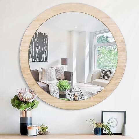 JJUUYOU Espejo de Pared Redondo de 40 cm para Baño, Espejo Circular de Granja, Decoración de Pared, Espejo de Marco de Madera para sala de Estar, Dormitorio, Decoración de Dormitorio  