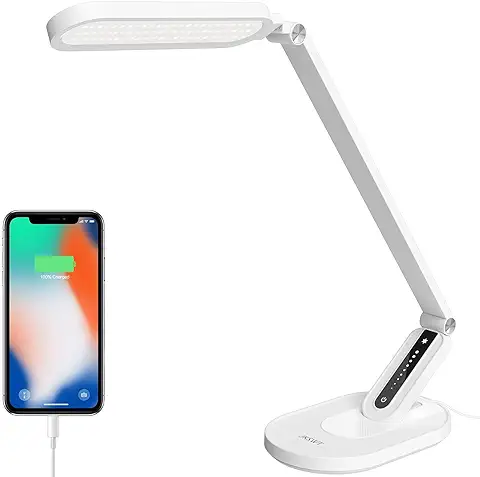 JKSWT Lámpara de Escritorio LED, Lámparas de mesa para el Cuidado de ojos Protege los ojos Lámpara de Oficina Regulable con 5 Modos de Color Puerto de Carga USB Control Táctil y Función de Memoria  