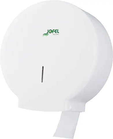 Jofel - Portarrollos de Papel Higiénico Industrial Mediano, Dispensador Rollos de Hasta 300m, max. 220mm de Diámetro, Mandril 45mm, Ideal en Baños Públicos WC, Antibacteriano, Azur AE51700, ABS Blanco  