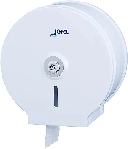 Jofel - Portarrollos de Papel Higiénico Industrial Pequeño, Dispensador de Papel en Rollos Hasta 200m, max. 190mm de Diámetro, Mandril de 18 a 55mm, Carcasa Acero Laminado Blanco, Clásico AE12400  