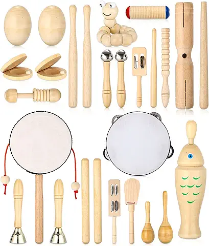 JOFLVA Instrumentos Musicales Infantiles, 29 PCS Percusion Musicales Madera Set para Infantil, Juguetes Instrumentos Musicales, Juguete Y Regalos para Niños De Navidad Y Cumpleaños.  