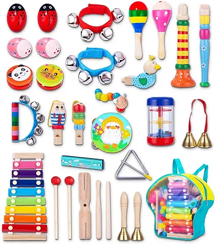 JOFLVA Instrumentos Musicales Infantiles, 32PCS Percusion Musicales Madera Set para Infantil, Juguetes Madera para Bebes, Instrumentos Musicales, Juguete Y Regalos para Niños De Navidad Y Cumpleaños.  