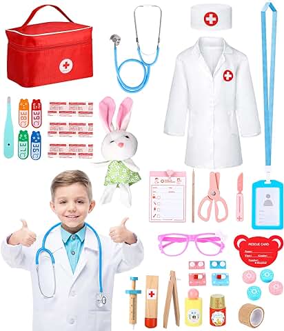 JOFLVA Kit Medico Infantil, Juegos de Niños, Kit de Dentista con Estetoscopio y Abrigo,Regalo para Niños en Fiestas,Cumpleaños,Navidad, Juego de Roles del Doctor 3+ Años  