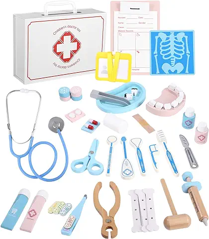 JOFLVA Maletin Medicos Juguete, 43 PCS Kit Medico Infantil, Maletin Medicos Juguete Madera, Doctora Juegos De Imitacion Regalos para Niñas/Chicos Más De 3 Años.  