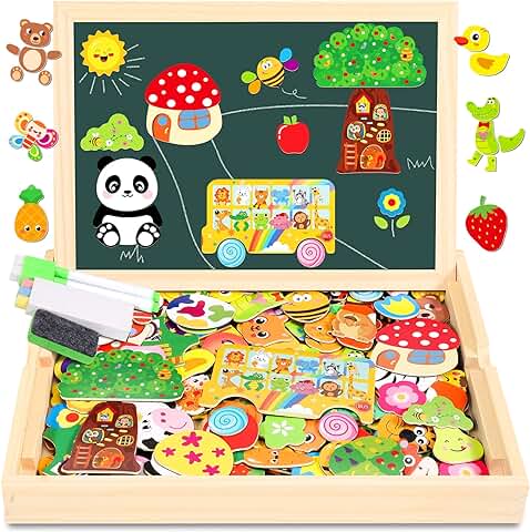 Jojoin 130 pcs Puzzles de Madera - 2023 Nueva Juguetes Montessori con Pizarra Magnética y Lindo Patrón Fruta de Animales - Juguete Educativo para NIños de 2 3 4 Años  