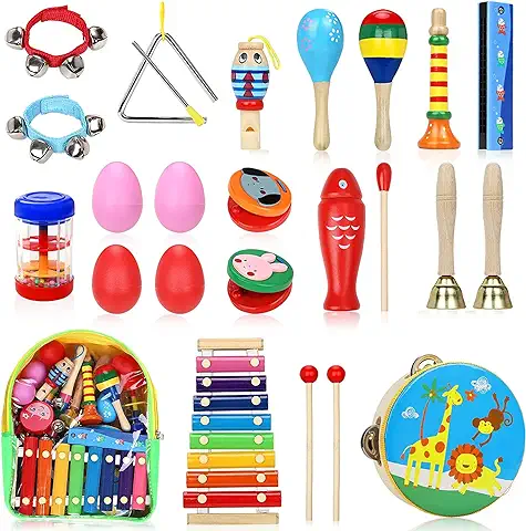 Jojoin 24 Pcs Juguetes Instrumentos Musicales, 14 Tipos de Juguetes de Instrumentos, Instrumentos Musicales Madera, Educativo Bebés, Juguete y Regalos para Niños de Navidad y Cumpleaños etc  