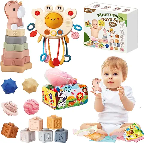 JOKSNK Juguetes Bebe 6 Meses-3 Años, 5 in 1 Juguetes Montessori Bebes, Apilables Cubos, Juguetes Sensoriales Montessori, Caja de Pañuelos, Regalos para Bebés para Niños 6 9 12 Meses 1 2 3 Años  