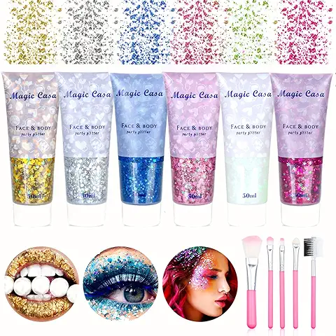 JOLIGAEA Purpurina Cara, 6 Piezas Purpurina para el Cuerpo con Cepillo, Purpurina Líquida para Maquillaje Festival, Gel Corporal con Lentejuelas, Gel Holográfico para Cuerpo para Cabello Uñas Cuerpo  