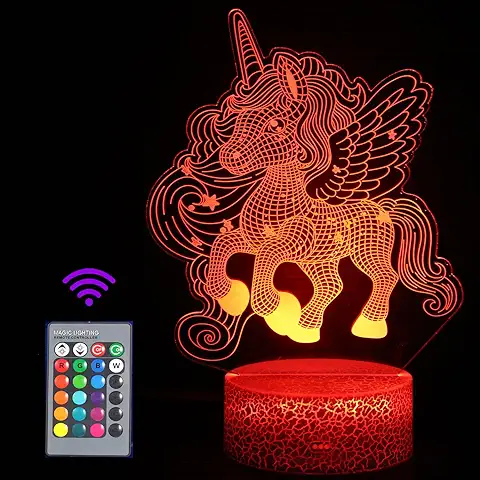 JOLLYEEP Luz Nocturna De UnicornioPara Niños, Lámpara De Ilusión 3d, Luz Led Para La Habitación, Mando a Distancia Con 16 Colores Regulables, Regalos De Decoración De Las Niñas Chicos Del Dormitorio  