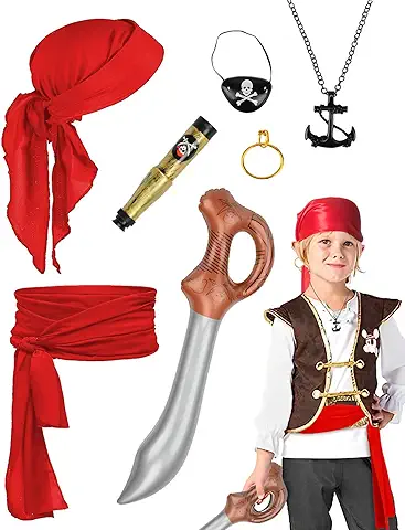 JORAKI Disfraz de Pirata Accesorios Niños, 7 Piezas Accesorios para Disfraces Piratas con Bandanas Piratas Faja Antifaz, Juego de Accesorios para Disfraz Pirata Carnaval Halloween y Fiesta Pirata  