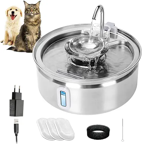 Journeyside Fuente para Gatos de Acero Inoxidable,3.2L Fuente para Gatos Automatica,Fuente para Gatos con Ventana Transparente, Bomba de Agua Súper Silenciosa,con 3Filtros de Carbón,Triple Filtración  