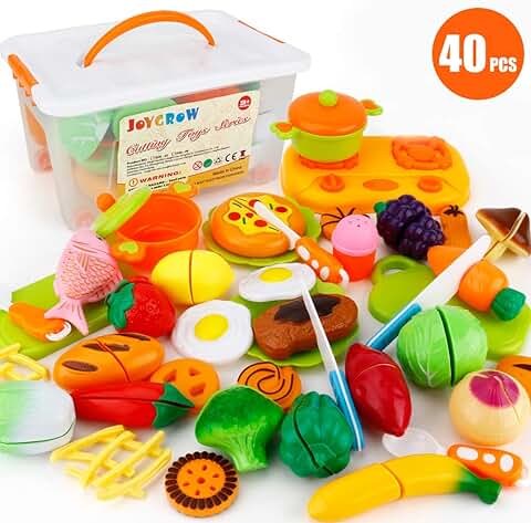 JoyGrow 40 Piezas Alimentos de Juguete Cortar Frutas Verduras, Accesorios de Cocina Juego de Comida,Educación Juegos para Nino,Juego de rol Infantil de Imitación con Caja de Almacenamiento  