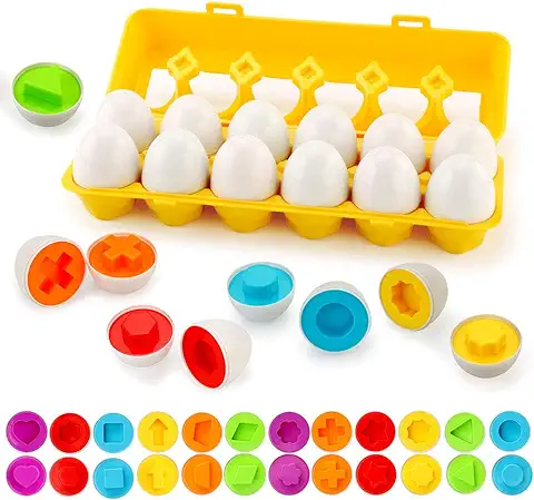 JoyGrow Juguete de Huevos Plástica 12Pcs Juego de Reconocimiento de Formas y Colores Clasificación Puzzle Juguete Educativos Geométricos para Niños y Niñas Regalo de Pascua Cumpleaños (Forma)  