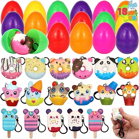 JOYIN 18 Paquetes de Huevos de Pascua Precargados Llenos de Llaveros con Squishys del Tema de Postres para Alivio del Estrés, Búsqueda de Huevos de Pascua, Rellenos de Pascua, Regalos de Pascua  