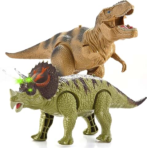 JOYIN 2 Dinosaurio Realista Caminando T-Rex Juguete Electrónico y Triceratops con Sonidos Rugientes  