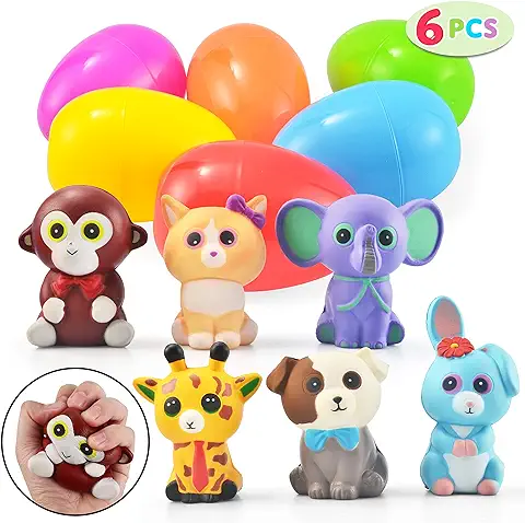 JOYIN 6 Huevos de Pascua Precargados de Tamaño Gigante, Huevos de Pascua con Rellenos Surtidos de 6 Juguetes de Alivio del Estré, Súper Suave, Squishy Kawaii, Juguetes de Animales para Niños y Niñas  