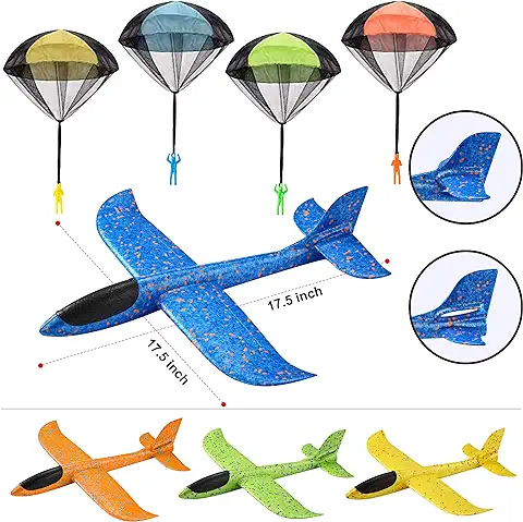 JOYIN Paquete de 4 Aviones de Espuma 2 en 1 y Juego de 4 Paracaídas, Aviones de Planeador de Vuelo, Grandes Aviones de Espuma de Lanzamiento y Paracaídas, Juguetes Voladores para Niños al Aire Libre  