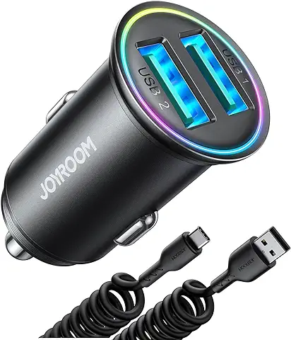 JOYROOM Cargador Coche USB, 4.8A Mini Metálico Cargador Mechero Coche con Cable de Carga Espiral de 1.5M Cargador Movil Coche para Coche para IPhone 15/14/13/12, iPad Pro/Air, Galaxy S23/S22/S21  