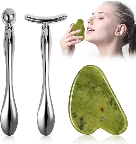 Juego de 3 Herramientas Gua Sha Jade y Gua Sha de Acero Inoxidable para Masaje Facial, jade y Piedra de Masaje Facial, Masajeador para cara y Cuello  