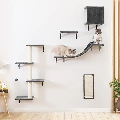 Juego de 5 Estantes de Pared para Gatos, Escalador de Madera Estable para Gatos, Parque de Pared con casa para Gatos, Puente para Gatos, árbol para Gatos, Escalera para Gatos y Tabla Rascadora para  