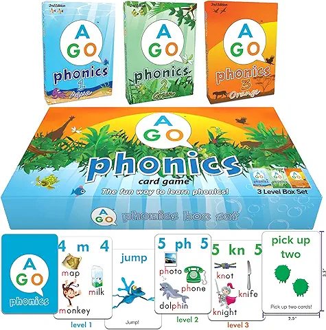 Juego de Cartas AGO Phonics (Caja de 3 Niveles). ¡Fomenta la Habilidad Lectora, Aprende Palabras y Sonidos Fónicos Mientras Juegas un Divertido Juego de Cartas!  