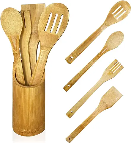 Juego de Cinco Utensilios de Cocina de Madera | Cuatro Cucharas de Madera para Cocina | Kit de Cuatro Cucharones de Bambú | Kit de Utensilios para Regalar | Kitchen Set (5)  