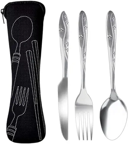 Juego De Cubiertos Con Estuche Portátil, Juego De Utensilios De Acero Inoxidable Para Acampar, Cuchillo, Tenedor, Cuchara, Para Viajes Al Aire Libre, Picnic, Oficina, Escuela, Fiambrera (Negro)  