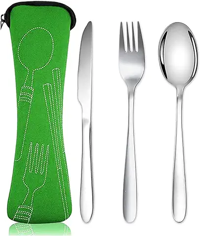 Juego de Cubiertos, Cubiertos de Acero Inoxidable para Camping, Juego de Cubiertos Camping Set, Adecuado para el Hogar, Restaurante, Hotel, Camping. Incluye Cuchillo, Tenedor y Cuchara  (Verde)  