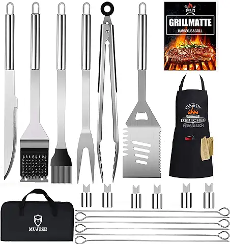 Juego de Cubiertos para Barbacoa de Acero Inoxidable, de Accesorios para Barbacoa, Regalo con Delantal, Maletín de Barbacoa Ideal para Regalo en el día del Padre, Cumpleaños, Navidad (20 Unidades)  