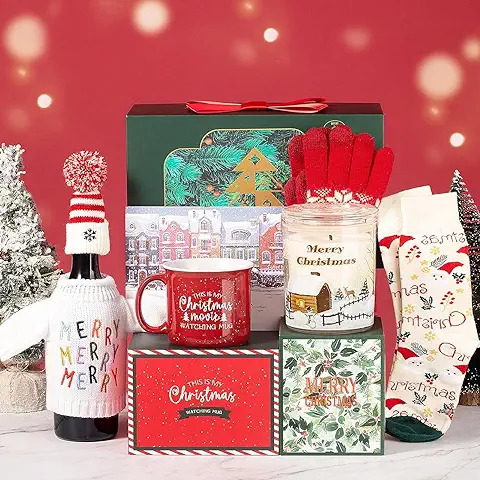 Juego de Navidad Regalo para Mujeres,Velas Perfumadas, Guantes,Calcetines,Funda para Botella de vino con Suéter de Navidad,Taza, Regalo para Esposa,Mamá,Amiga  