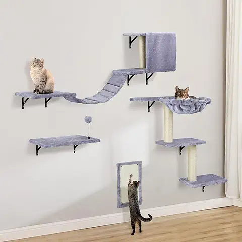 Juego de Pared de Escalada para Gatos con Hamaca, Cueva para Gatos, Puente para Gatos, Tabla para Rascar y árbol Rascador, 4 Piezas de Madera para Gatos Catwalk (gris Claro)  