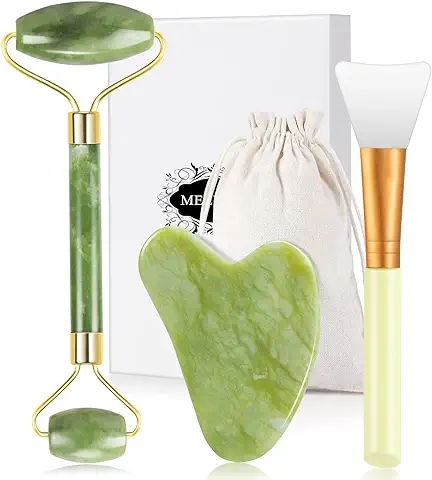 Juego de Rodillo Masaje Jade, Masajeadores de Piedra Jade Gua Sha con Cepillo de Mascarilla Herramienta Masaje Cuarzo para Facial Anti Aging  