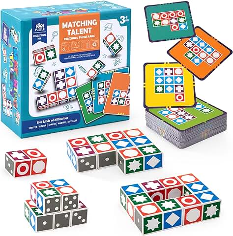 Juego de Rompecabezas de Madera, Puzzle Bloques Construcción de Madera, Juegos de Mesa con 20 Cubos 60 Cartas Montessori Educativos Juguete para Adultos y Niños 3+ Años  