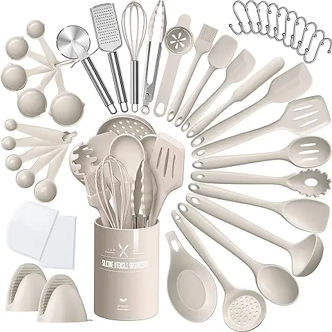 Juego de Utensilios de Cocina, 43 Piezas, de Silicona, Resistente al Calor, con Soporte para Utensilios, Antiadherente, apto para Lavavajillas, Color Caqui  