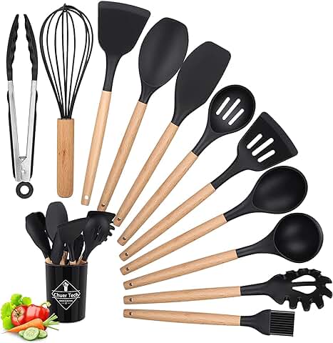 Juego de Utensilios de Cocina de Silicona, 12PCS, sin BPA, Herramientas Antiadherentes y Resistentes al Calor con Mango de Madera, Cuchara/Espátulas/Pinza  