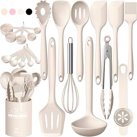 Juego de Utensilios de Cocina de Silicona, 22 Piezas, Utensilios de Cocina, Resistentes al Calor, Juego con Soporte para Utensilios, Saludable y Antiadherente, apto para Lavavajillas, Color Caqui  