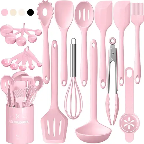 Juego de Utensilios de Cocina de Silicona, 22 Piezas, Utensilios de Cocina, Resistentes al Calor, Juego con Soporte para Utensilios, Saludable y Antiadherente, apto para Lavavajillas, Color rosa  