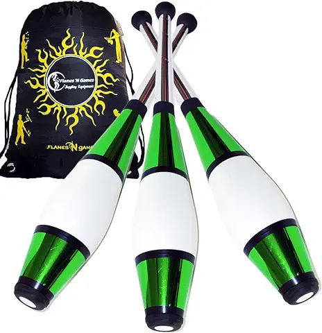 Juggle Dream Euro Pro Malabares Clubs Juego de 3 (¡12 Combinaciones de Colores!) ¡Clubes de Entrenamiento Decorativos Metálicos + Bolsa de Viaje Flames N Games! (Verde)  