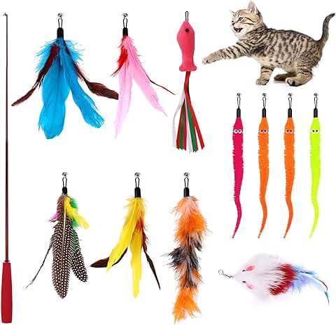 Juguete de Plumas para Gatos,12 Piezas Juguetes Interactivos para Gatos de Interior,1 Varita Retráctil para Gatos y 11 Plumas de Recambio Ratón con Campana,Caña de Pescar Juegos para Gatos Gatitos  