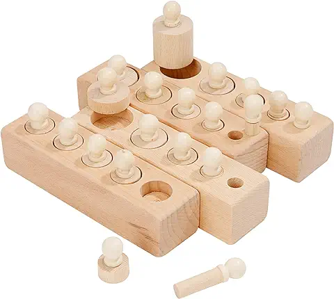 Juguete Educativo Montessori, 4 Piezas Juego de Bloques de Enchufe de Cilindro en Miniatura de Madera con Pomo, Puzle Apilable Regalo para Niños Pequeños, Cumpleaños, día del Niño, Navidad  