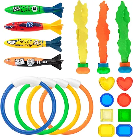 Juguetes de Buceo de Piscina, 19PCS Juguetes de Entrenamiento bajo el Agua Juego con Torpedos Bandidos Anillos de Buceo Algas Marinas y Gemas de Buceo para Niños Verano Regalo  